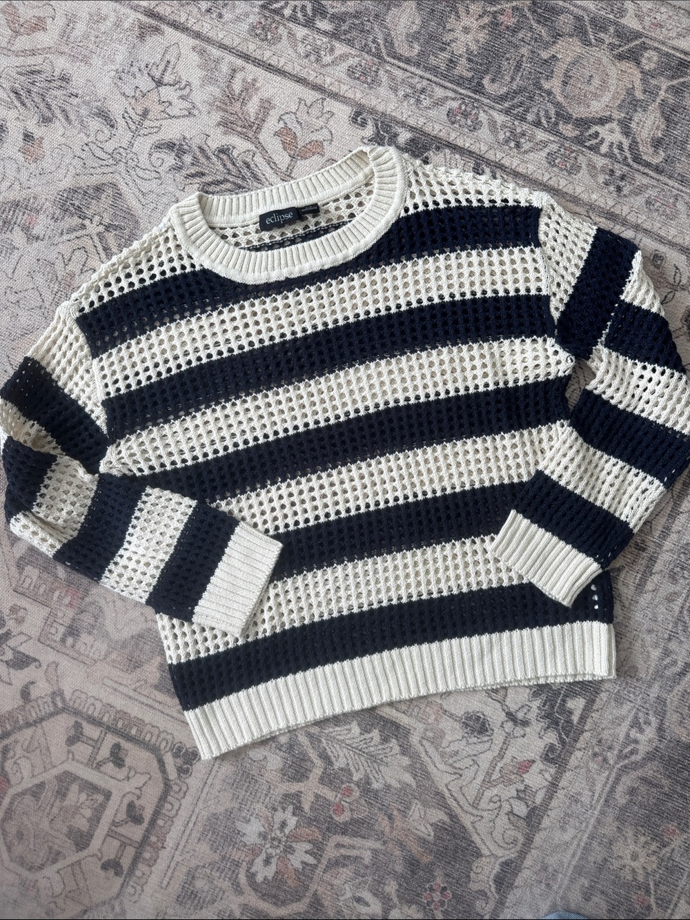 Eclipse Striped Open-Knit Sweater in Cream and Navy